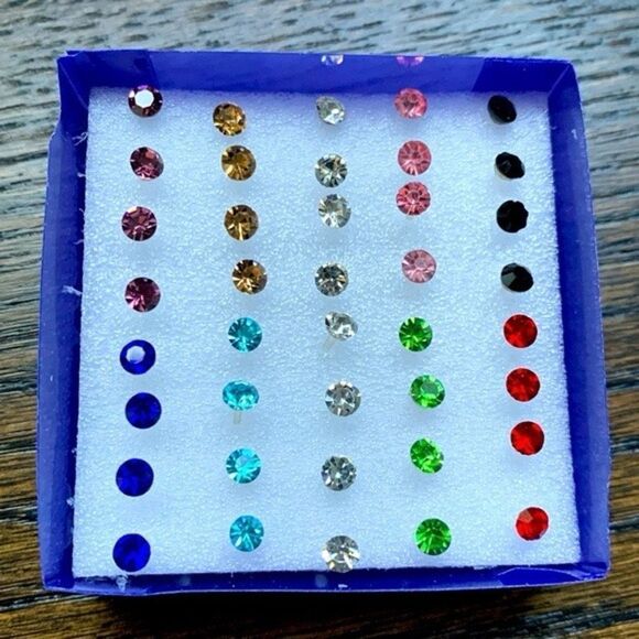 20 Pairs Tiny Crystal Stud Earrings – Multicolor Gift Set for Girls, Kids, Teens - Picture 1 of 6